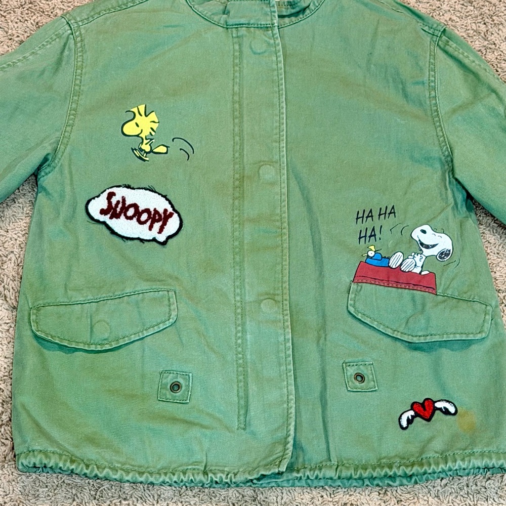 Zara Girls Peanuts Snoopy & Woodstock Green Military Jacket Youth 9/10 - Picture 4 of 6
